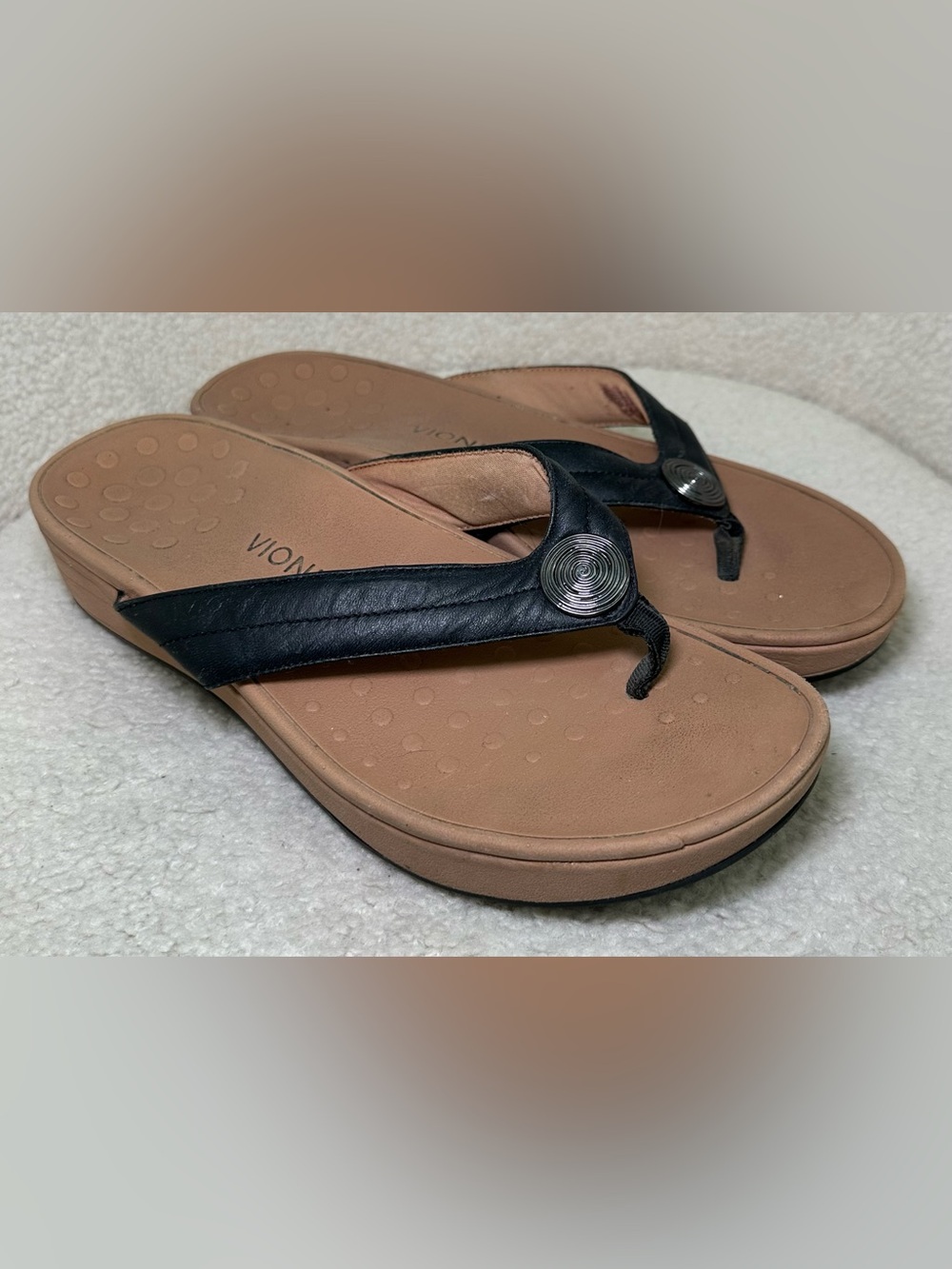 Vionic Pilar Platform Toe Post Sandals Black Leather Comfort‎ Flip Flops Summer